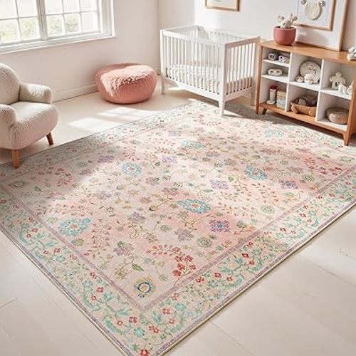 Pale Pink Rug for Girls Room, 5x7 Floral Washable Area Rug Non Slip, Boho Low Pile Carpet with Rubber Backing for Bedroom Living Room Bathroom Playroom Nursery Office