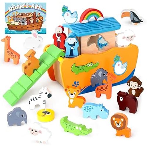 Hoarosall 27-Piece Wooden Noah's Ark Toy for 1-3 Year Olds Baptism Christmas Birthday Gift Bilingual Bible Story Montessori Shape Sorter Christian Educational Toy for Boys Girls