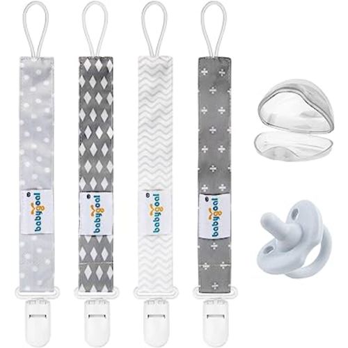 Babygoal Pacifier Clips with Pacifier and Case, 4 Pack Binky Paci Holder and Leash for Boys and Girls Fits for Most Pacifier, Binkie Styles & Baby Teethers & Toys and Gift 4PS07-NZ