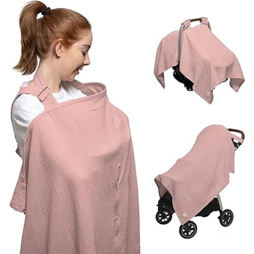Nilsa 5-in-1 Muslin Nursing Cover up for Breastfeeding & Baby Car Seat Cover - Breathable Breastfeeding Cover With Rigid Hoop - 100% Cotton Privacy Apron Breast Feeding Covers For Women (Blush)