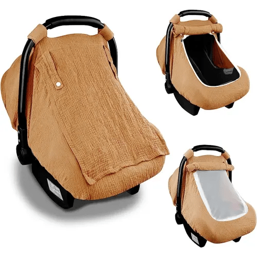 Hooyax Muslin Car Seat Covers for Babies, Summer Baby Car Seat Cover for Boys Girls with Breathable Window, Lightweight Infant Car Seat Canopy, Brown