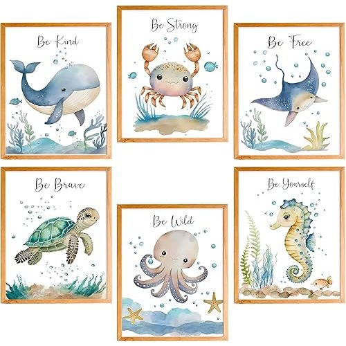 Ocean Wall Art,Ocean Nursery Decor,Nursery Decor,Ocean Nursery Wall Art Set of 6, Under the Sea Nursery Wall Decor Poster Prints for Toddler Kids Boy Girl Room Classroom Bathroom Decor Playroom,8x10 Inches