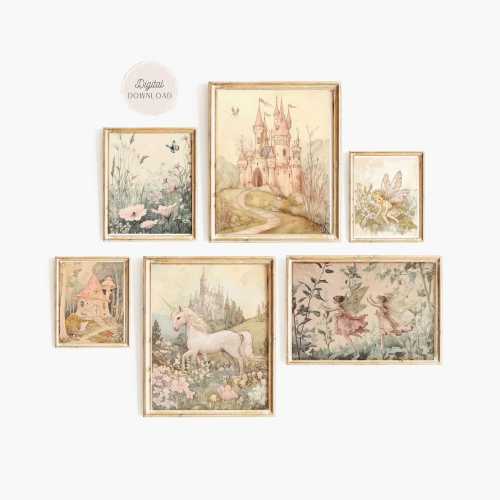 Vintage Fairytale Nursery Art Prints, French nursery wall art, Storybook Magical Prints, Set of 6, Antique digital artwork, Baby Girl Room