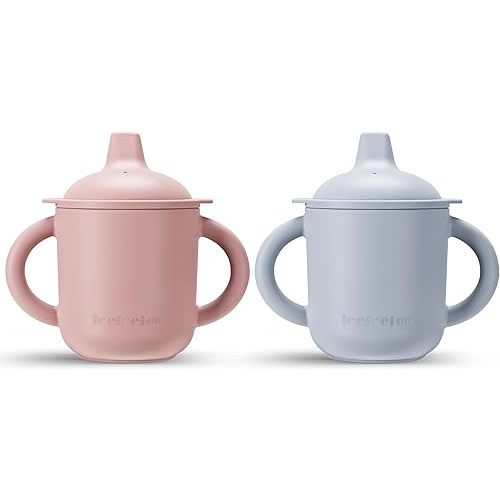 Leeleelon® Silicone Sippy Cups for Baby, 100% Leak-Proof Training Cup for Toddler with Handles, Soft Spout Sippy Cup for Infants, 6+ Months, 6oz/180ml, Grey/Pink (Pack of 2)
