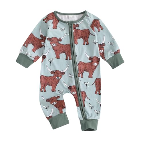 Gueuusu Country Baby Clothes Boy Girl Western Highland Cow Print Long Sleeve Romper Zipper One Piece Jumpsuit Fall Outfit