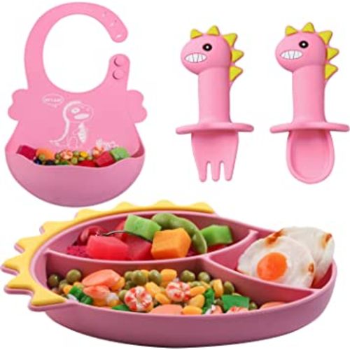 Baby Feeding Set，Silicone Suction Plate Dinosaur Shape SelfFeeding Adjustable Bib， Suction Plate for Baby Toddler with Spoon Fork Adjustable Bib Set -Pink Dinosaurs
