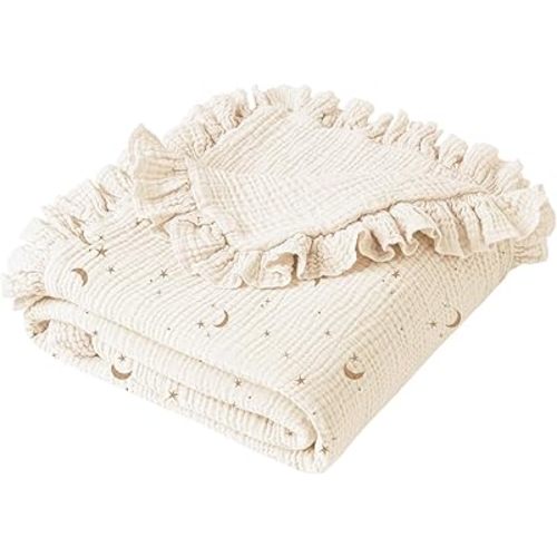 Konssy Flounce Muslin Baby Blankets, Cotton Crib Blanket for Baby Infant Toddler, Super Soft and Lightweight Nursery Blankets 40"x36" (Moon)