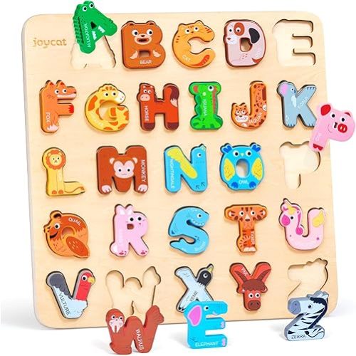 JoyCat Wooden Animal Alphabet Puzzles for Toddlers 1-3, 26 Letter Pieces, Montessori ABC Learning Toy, Gifts for 1 2 3 4 5 Year Old Boy Girl, Preschool Learning Activities