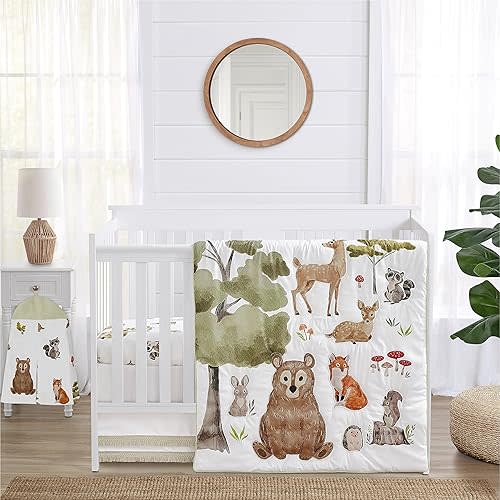 Sweet Jojo Designs 4-Piece Baby Crib Bedding Set (Woodland Animals) for Boys or Girls, Infants/Nursery incl. Blanket, Fitted Sheet, Skirt, Diaper Stacker (Neutral Theme, Forest Animal, Bear, Hedgehog)