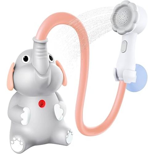 Baby Bath Shower Head for Kids Ages 1-3 Essentials, EDCREATY Rechargeable Cute Elephant Sprays Bathtub Toys with Rubber Hose Spout for 0 6 12 18 Months Toddlers Newborn Infants Boys and Girls(Grey)