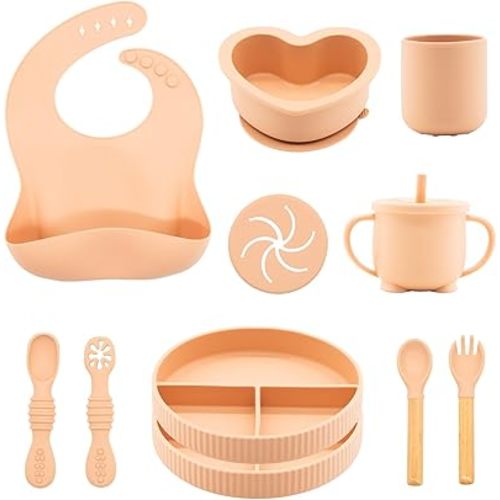 Silicone Baby Feeding Set 11 Pcs, Baby Led Weaning Supplies, Baby Feeding EatincSupplies Set BPA Free, Baby Essentialsfor Newborn Gift Pink