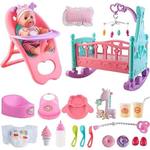 deAO 12” Baby Doll Play Set with Crib, Mobile, High Chair Feeding Accessories, Interactive Dolls for Girls Kids Pretend Play Baby Dolls 21 PCS