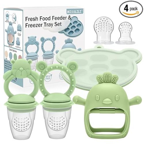 4 Pack Silicone Teething Mitten for Babies with Baby Fruit Food Feeder & Freezer Tray Set, BPA Free Infant Teething Relief Toy for 3 Month+, Additional Silicone Sacs