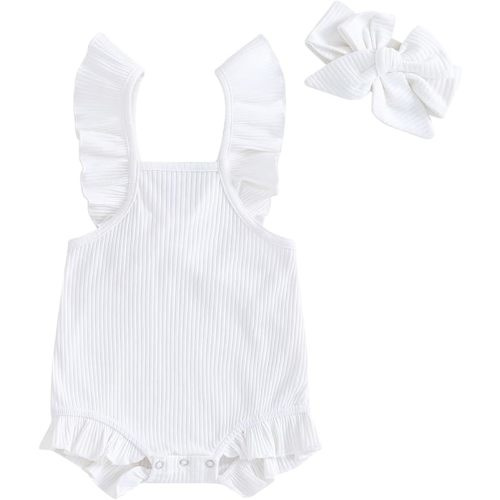Infant Baby Girl Summer Clothes Flying Sleeve Solid Color Ruffle Romper with Headband Bodysuit Outfits - A White - 6-9 Months