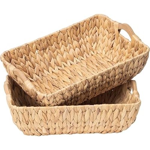 FairyHaus Wicker Baskets with Handles, Natural Wicker Basket for Organizing Shelves, Small Hand Woven Water Hyacinth Storage Baskets Set of 2, 14.96x10.04x4.73