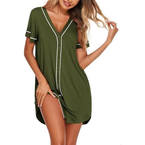Ekouaer Womens Nightgown Button Down Sleep Shirts Short Sleeve Nightshirt V-Neck Sleepdress Soft Sleepwer