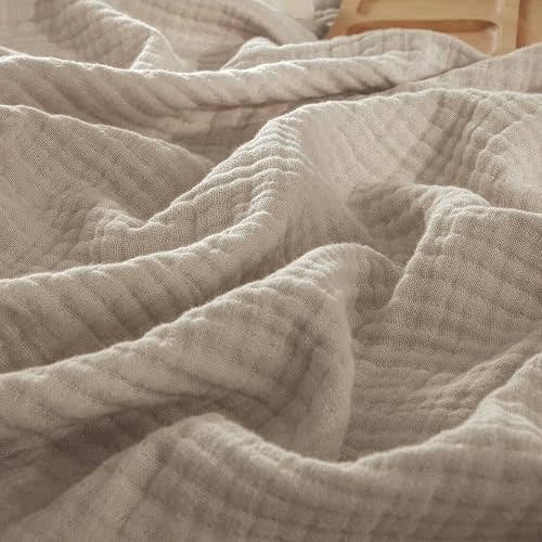 PHF 100% Cotton Muslin Throw Blanket 50" x 60", 4-Layer Lightweight Gauze Throw, Breathable Cloud-Soft Minimalist Blanket for Bed, Couch, Camping & Baby, Taupe, Ideal Gift