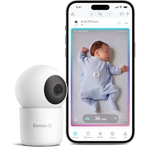 Sense-U AI 2K PTZ Baby Camera Monitor with Sensor-Free Sleep Breathing Movement Detection, Smart Security Indoor Video Camera with Background Audio, Cry Detection, No Monthly Fee, for Peace of Mind
