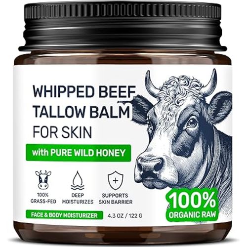 Beef Tallow for Skin - Grass Fed Whipped Tallow and Honey Balm for Face, 3-Ingredient Fragrance Free Beef Tallow for Face and Body with Beeswax - Moisturizer for Dry Sensitive Skin, 4.3 oz