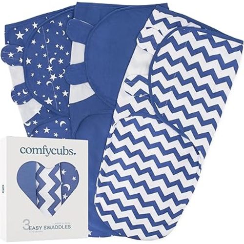 Comfy Cubs Easy Swaddle Blanket, 3 Pack - 100% Cotton Newborn Wrap, Large for 3-6 Months Infants, with Adjustable Velcro, Breathable and Durable Sleep Sack for Babies - Dark Blue