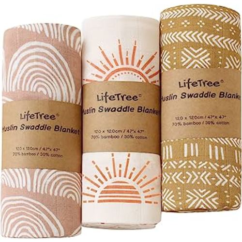 LifeTree 3 Pack Muslin Swaddle Blankets - Soft Bamboo Cotton Baby Swaddle Blankets Unisex for Boys & Girls Newborn - Earthy Color Collection, Lightweight, Breathable, Large 47 x 47 inches