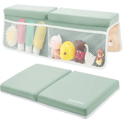 Bath Kneeler and Elbow Rest Pad Set, Thick and Quick Dry Kneeling Pad Support for Knee and Arm, Extra Large Baby Bath Kneeler Pads Bathtub Mat with Toys Organizer for Baby Bath Time, Grey Green