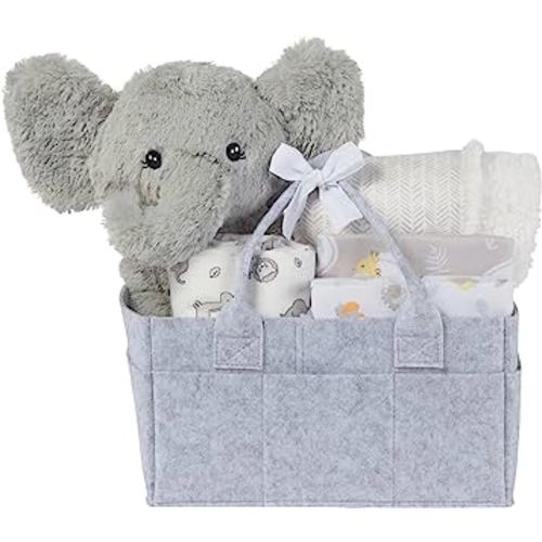 My Tiny Moments Safari Gray Nursery Bedding Essentials 6 Pc Gift Set-2 Microfiber Sheets, Flannel and Faux Shearling Blanket, Swaddle and a Elephant Plush