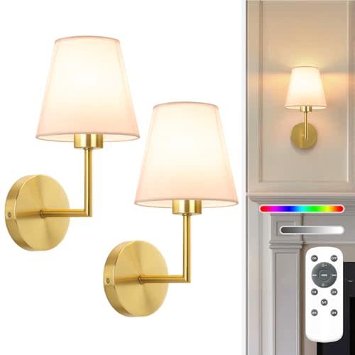 NIORSUN 13.8 inch Battery Operated Wall Sconce Set of 2,Gold Rechargeable Wall Lights with 10400mAh Dimmable Detachable Bulbs and Remote,9 Colors Wireless Sconces for Bedroom Living Room Hallway