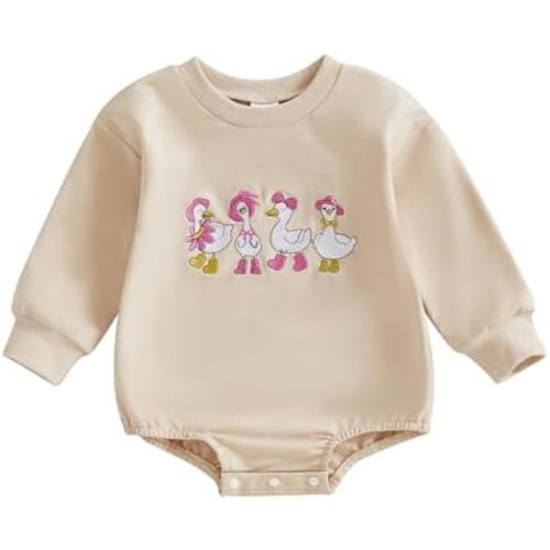 Newborn Baby Girl Sweatshirt Romper Silly Goose Embroidered Bubble Romper Oversized Long Sleeve Bodysuit Fall Outfit