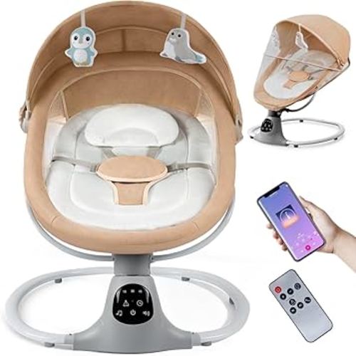 Electric Baby Swing for Infants to Toddler, Portable Swing Baby Rocker with 5 Point Harness, 5 Sway Speed, Bluetooth,12 Preset Lullabies with Remote Control, Infant Swing for Baby Boys & Girls, Khaki