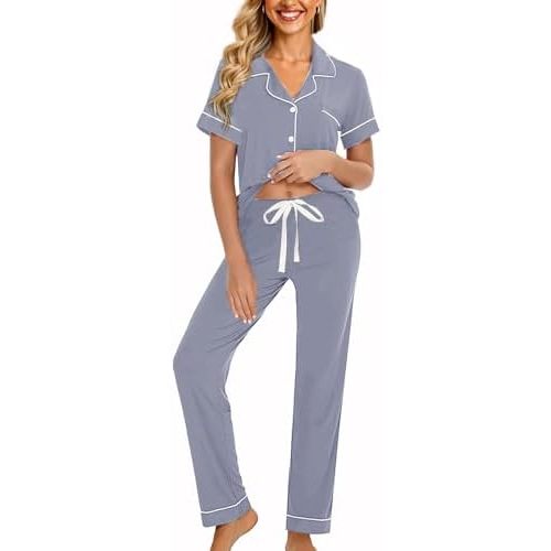 Womens Soft Pajamas Set XS-XXL Button Down Sleepwear Short Sleeves Pajama sets with Long Pants Pj Set Nightwear