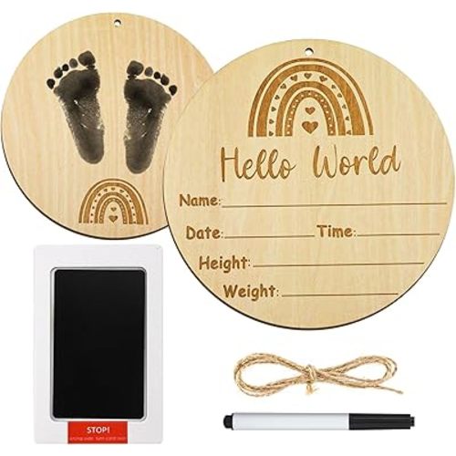 Baby Announcement Sign, 5.9 inch Wooden Hello World Newborn Sign with Ink Pad Hemp Rope Hangable Birth Announcement Cards for Baby Shower Birthday (Double Sided Rainbow)