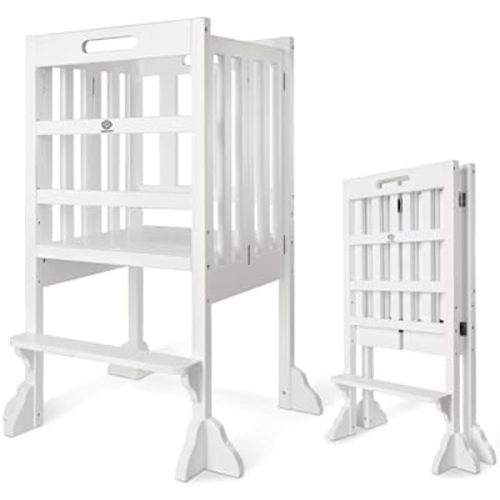 WOOD CITY Kitchen Step Stool Helper - Montessori Foldable Standing Tower for Toddlers with Safety Rail, Height Adjustable Ideal Helper for Learning New Skills, Natural Pure Pine Wood (White)