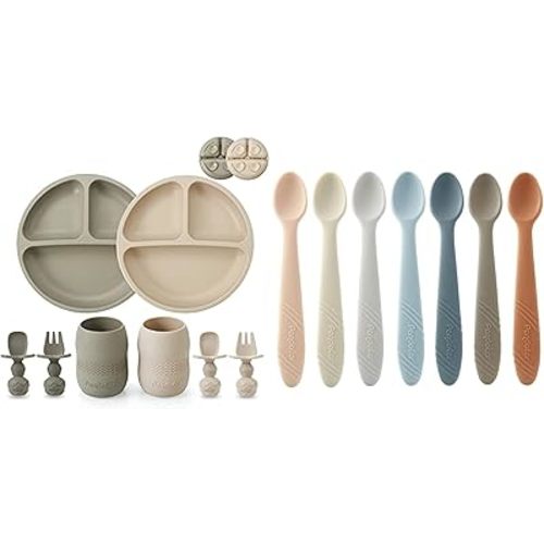 PandaEar Silicone Baby Feeding Set & 7 Pack Silicone Baby Feeding Spoons
