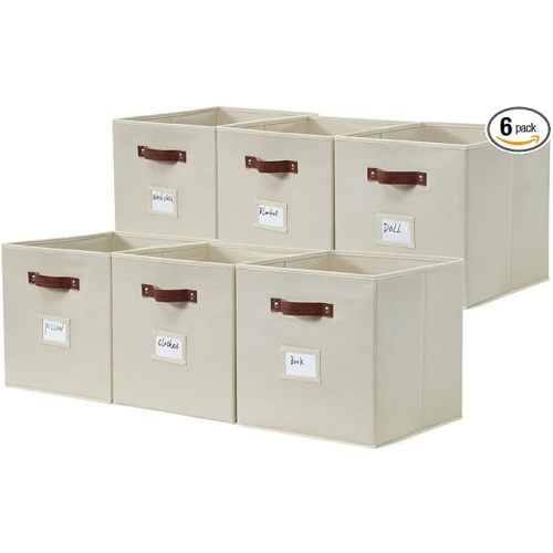DECOMOMO Storage Bins | Cube Storage Bin with Label Holders, Fabric Storage Cubes for Organizing Shelves Closet Toy Clothes (11" / 6pcs, Beige) - Cube 11" / 6pcs