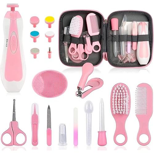 Baby Grooming Kit - 26 in 1 Nursery Essentials Baby Registry Shower Gift for Newborns, Infants, Toddlers, Boys, Girls Kids-Safety Baby Comb, Brush, Finger Toothbrush, Nail Clippers, Scissors(Pink)