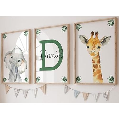 Personalized Safari Animals for Baby Boy Girl Nursery Bedroom Unframed Set of 3 Poster Prints, Green Jungle Leaves Wall Art Decor New Baby Gift Present, Elephant Giraffe Lion Panda Zebra (9x12)