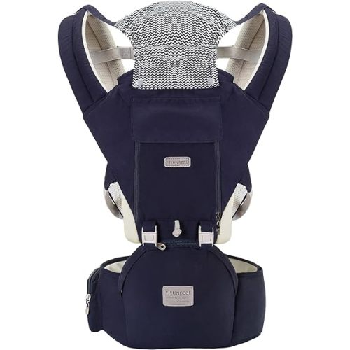 Portabebés con asiento de cadera, portabebés 6 en 1 para recién nacidos a niños pequeños, ajustable y desmontable para bebés de 7 a 44 libras, para todas las estaciones, azul oscuro