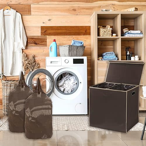 Simple Houseware Double Laundry Hamper with Lid and Removable Laundry Bags, Brown