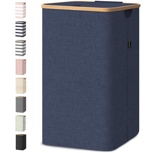 BALEINE Laundry Hamper with Lid, Tall Laundry Baskets with Bamboo Pull Handles, Large Laundry Bin with Internal Support (26 Gal/100L, Blue)