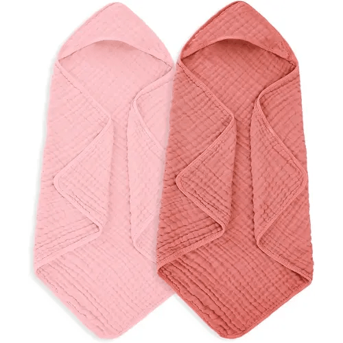 Muslin Hooded Baby Towels 100% Cotton ，Super Soft Muslin Baby Bath Towel - 32 x 32 Inches, Suitable for Newborn and Young Children up to 3 Years Old. (Light Pink & Dark Pink)