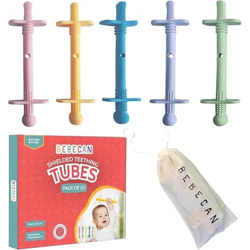 Bebecan Shielded Teething Tubes – Baby Teething Relief 0-36 Months, Anti-Choking Design, Clip-Attachable, BPA-Free Silicone, 5 Soft Tubes + 2 Teether Clips + 2 Brushes + Storage Bag