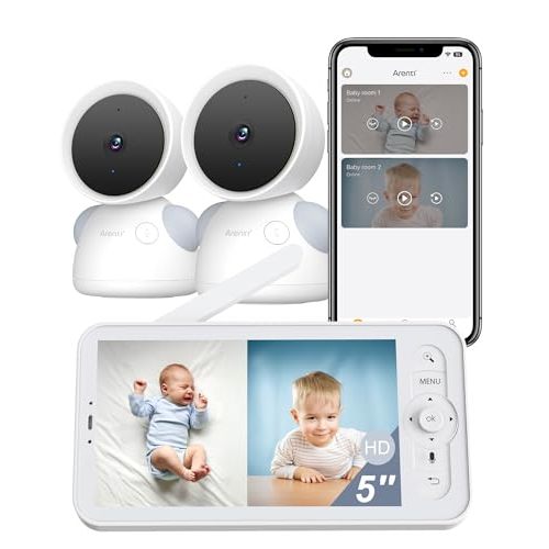 ARENTI Baby Monitor 2 Cameras D3 Set, 3MP WiFi 6, 5" Display,Free Phone App | Split-Screen for 2 Cams, Local 5" Mon & WiFi App, up to 3MP NV, Auto Tracking, Temp&Humidity Sensor,1-Click Call,256G SD Slot