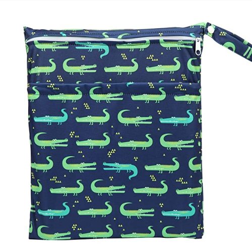 Wet Bag Baby Cloth Diaper Nappy Insert Bag Washable Two Zippered Pockets Boys (Green Crocodiles)