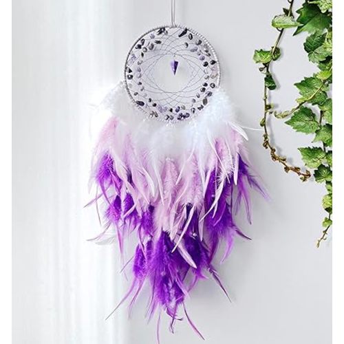 Purple Dream Catchers, Handmade Traditional Circular Net with Lucky Crystal Stones, Perfect Wall Hanging for Home Decor, Girl’s Bedroom, Art Ornament Craft Gift (Purple and Pink)