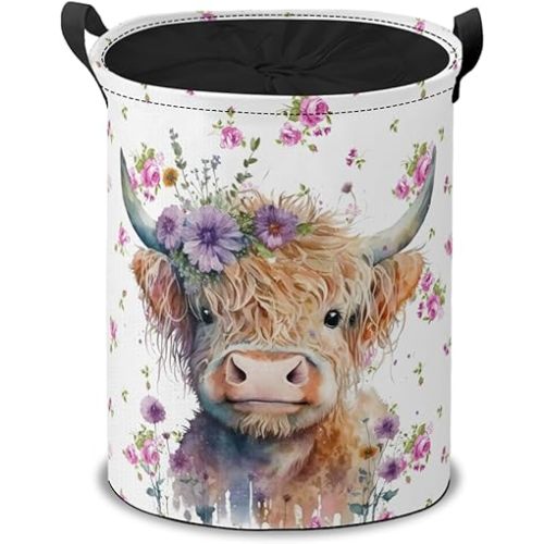 Highland Cow with Flowers Laundry Hamper Basket,Watercolor Floral Collapsible Portable Laundry Bag, Storage Bins Toys Storage Gifts Basket, Bedroom Home Nursery Decor for Baby Girl Women