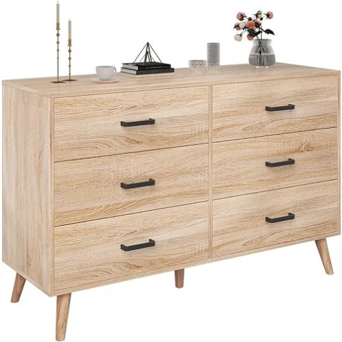 Bigbiglife Wood Dresser for Bedroom, 6 Drawer Dresser with Metal Handles, Mid Century Modern Dresser Double Chest of Drawer (Light Oak)