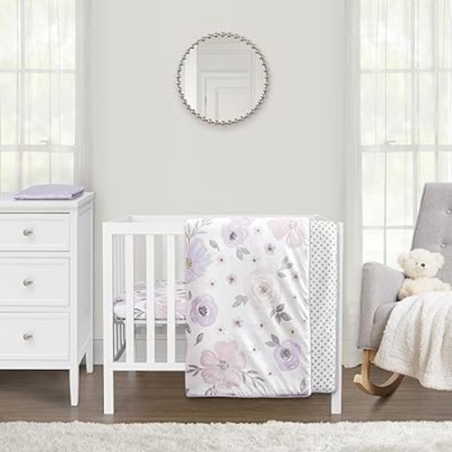 Sweet Jojo Designs Lavender Purple Boho Floral Girl Baby Mini Crib Bedding Set Infant Nursery Room Newborn Blanket Portable Pack n Play Sheets 3pc Pink Grey Bohemian Farmhouse Shabby Chic Watercolor