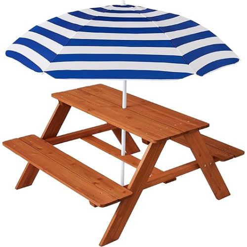 Wooden Kids Picnic Table with Umbrella, Outdoor Activity Table Set with Built-in Benches, 220 lb Capacity per Bench - Golden Brown/Navy