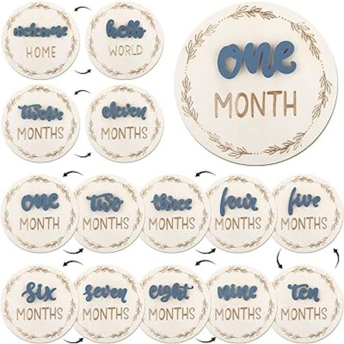Baby Monthly Milestone Cards, Wooden 3D Baby Milestone Signs, Double Sided Blue Monthly Baby Milestone for Newborn Boy Girl 1-12 Months Photos
